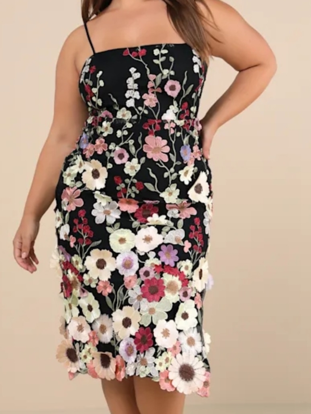 Lulu's Thriving Energy Black Floral Appliqué Midi Dress